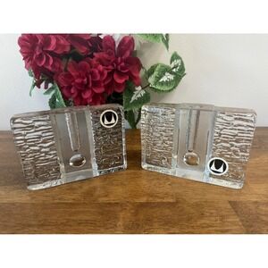 Walther Design Glass Candle Holders – Textured Block Art Glass Pair Retro Modern